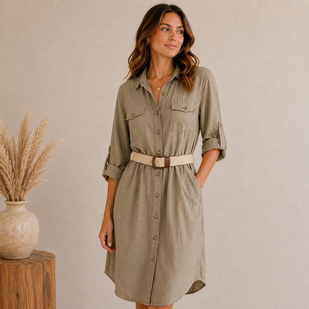 Tahara Linen Blend Button-Up Dress Women's Size 10 Light Brown Belted Coastal
